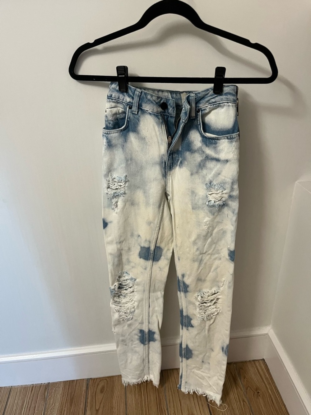 Alexander Wang Tie-Dye Distressed  Cult Side Zip Jeans - Blue & White